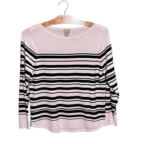 Chicos Size 2 White Black Striped Long Sleeve Top Relaxed Fit - Picture 2 of 7